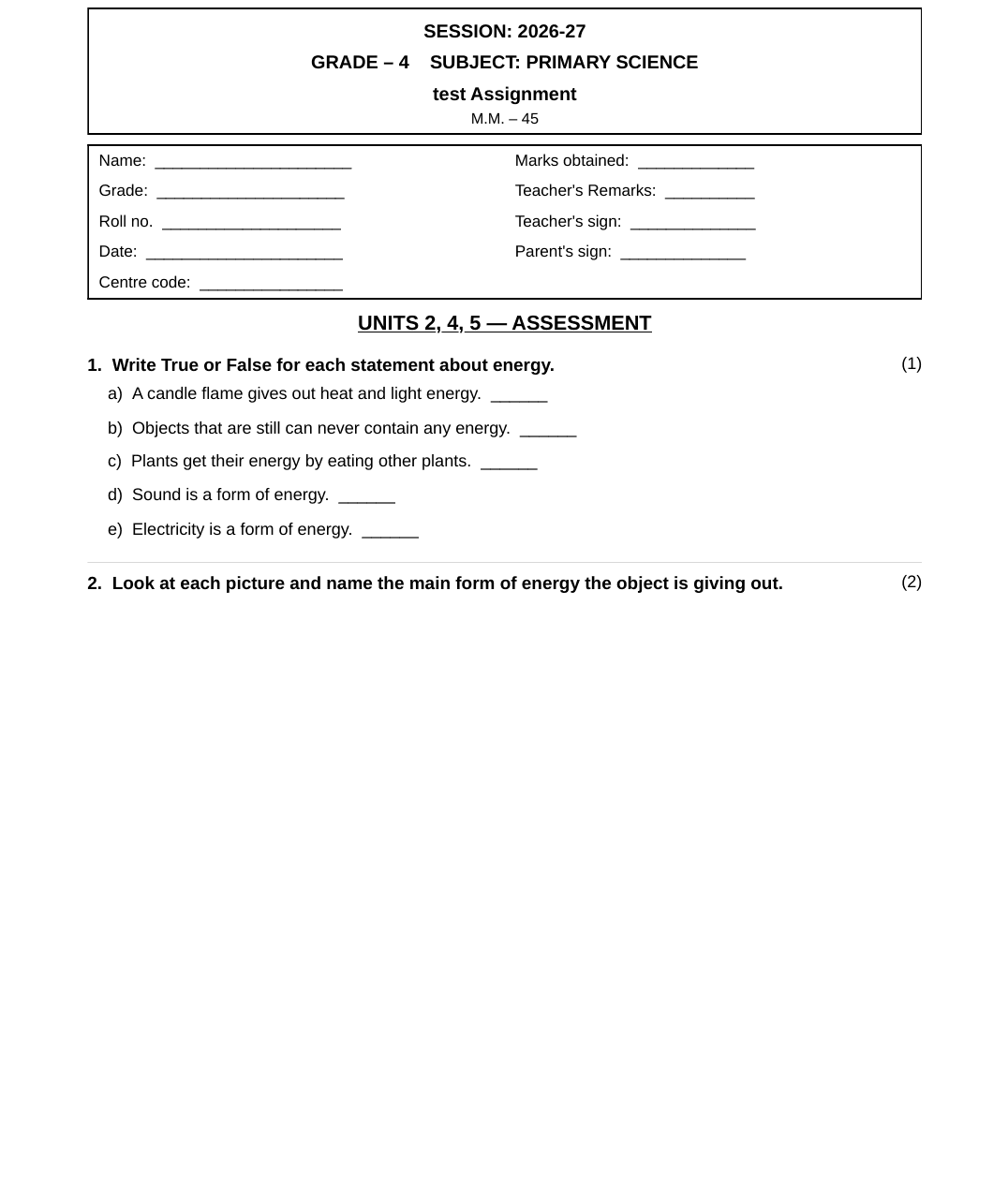 A full generated Stage 4 Science assignment covering energy, food chains, the Earth's structure, volcanoes, earthquakes, habitats, light and reflection, and the Earth and Sun