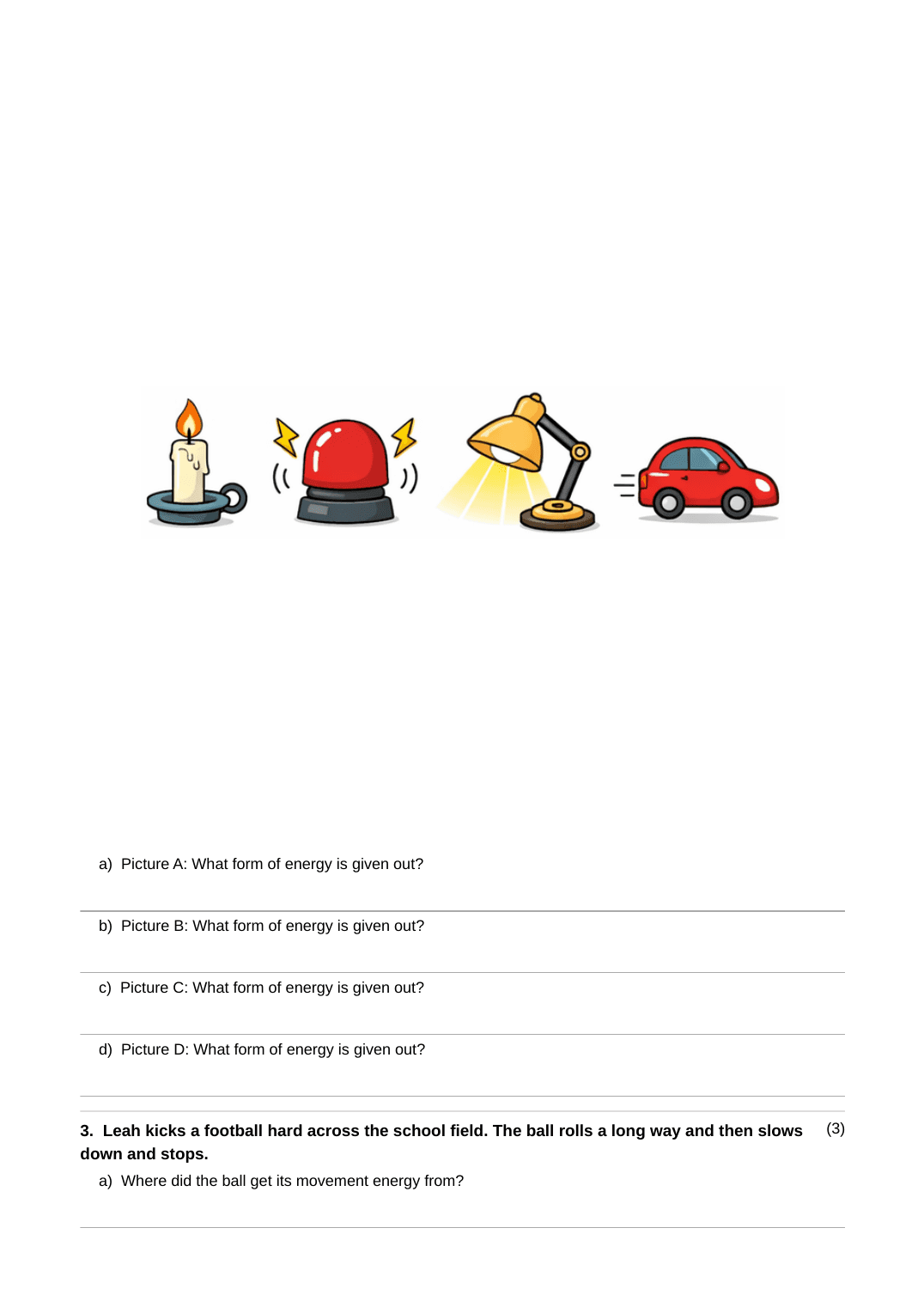 A full generated Stage 4 Science assignment covering energy, food chains, the Earth's structure, volcanoes, earthquakes, habitats, light and reflection, and the Earth and Sun — page 2