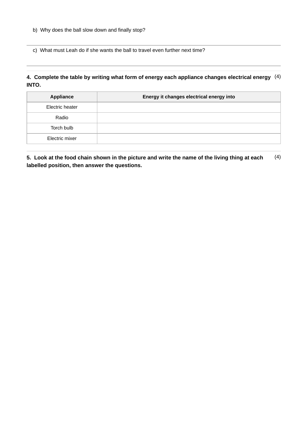 A full generated Stage 4 Science assignment covering energy, food chains, the Earth's structure, volcanoes, earthquakes, habitats, light and reflection, and the Earth and Sun — page 3