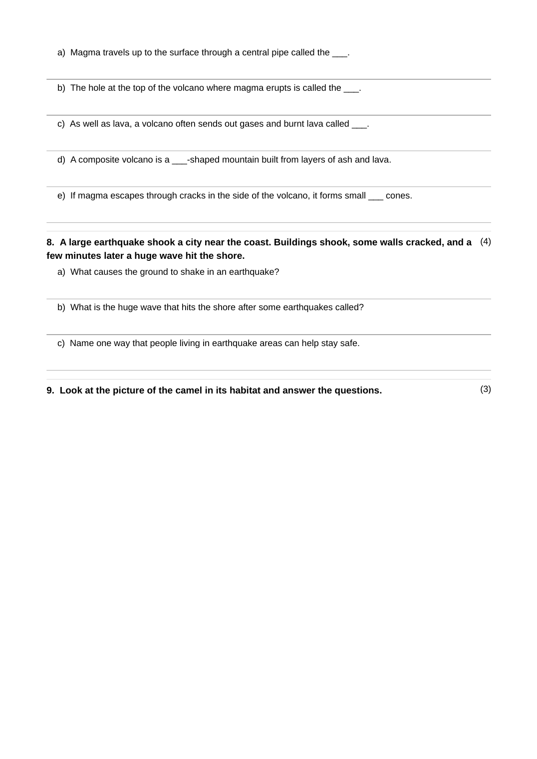 A full generated Stage 4 Science assignment covering energy, food chains, the Earth's structure, volcanoes, earthquakes, habitats, light and reflection, and the Earth and Sun — page 5