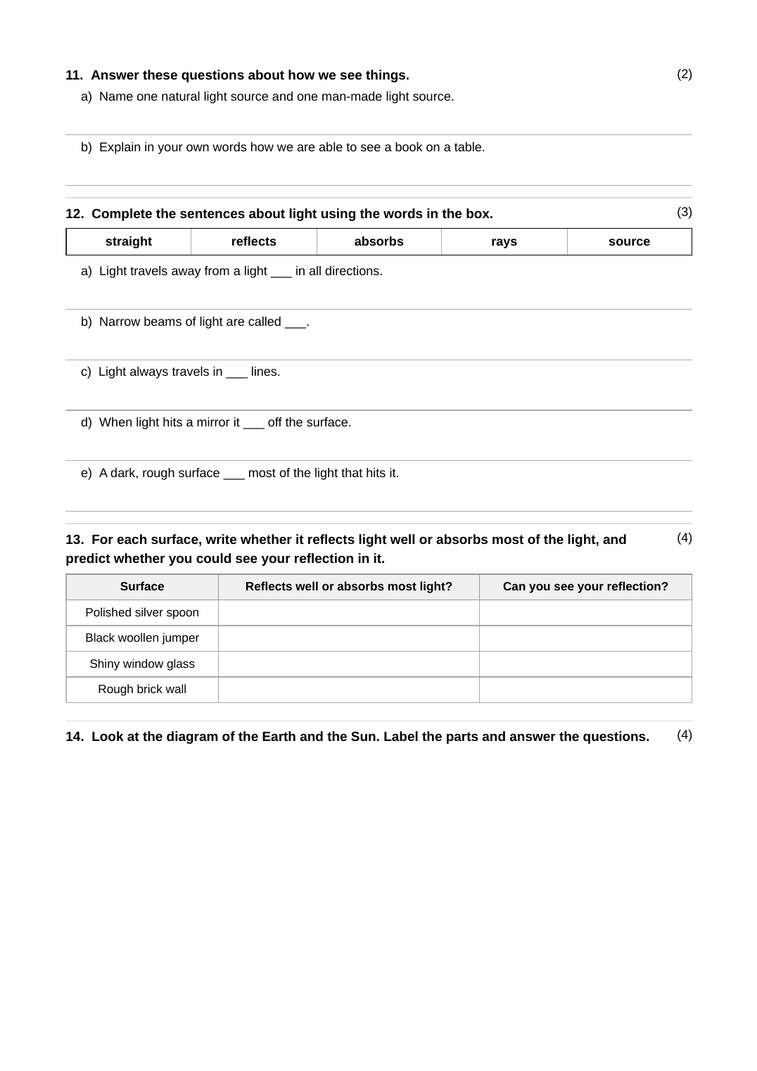 A full generated Stage 4 Science assignment covering energy, food chains, the Earth's structure, volcanoes, earthquakes, habitats, light and reflection, and the Earth and Sun — page 7