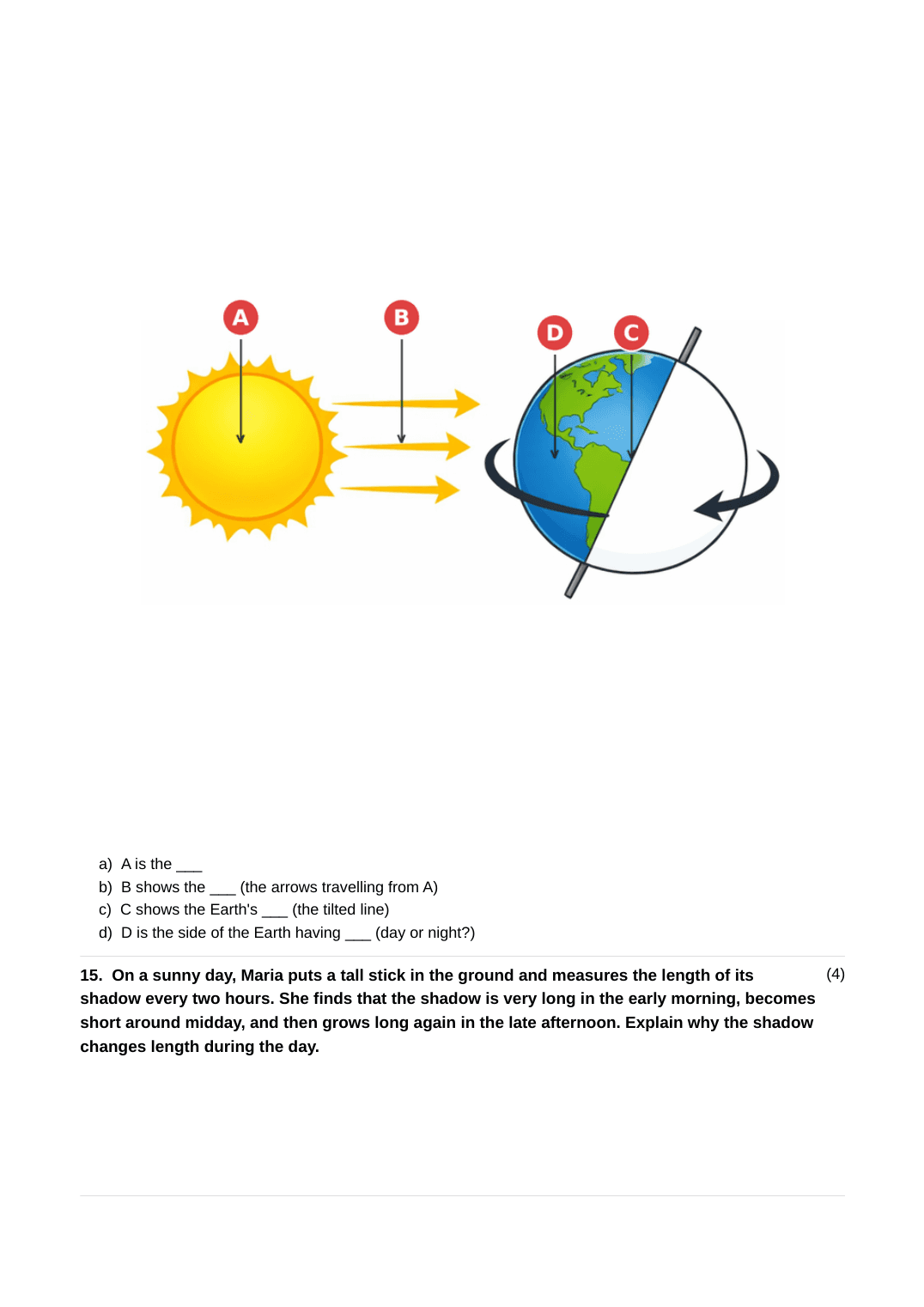 A full generated Stage 4 Science assignment covering energy, food chains, the Earth's structure, volcanoes, earthquakes, habitats, light and reflection, and the Earth and Sun — page 8