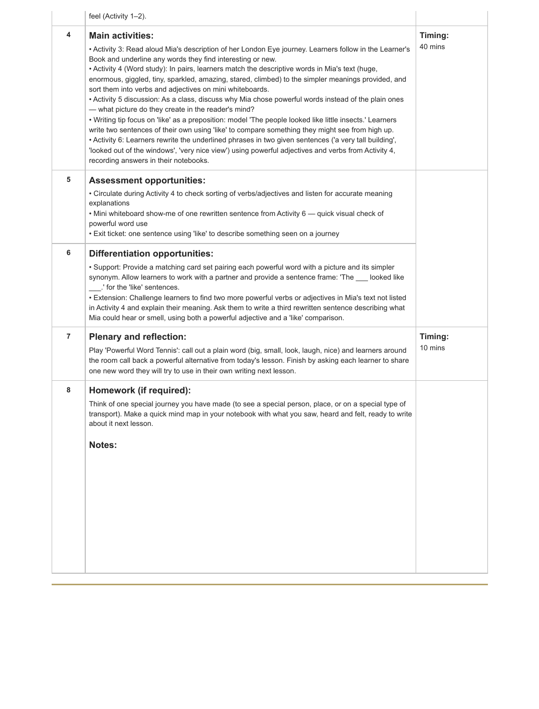 Full short-term lesson plan for Cambridge Global English Stage 4, covering framework objectives, learning intentions, success criteria, activities, assessment, differentiation, plenary, and homework — page 2